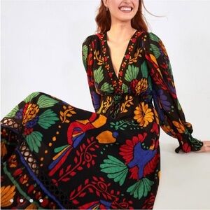 FARM RIO ANTHROPOLOGIE GEORGETTE MAXI TOUCAN DRESS  S